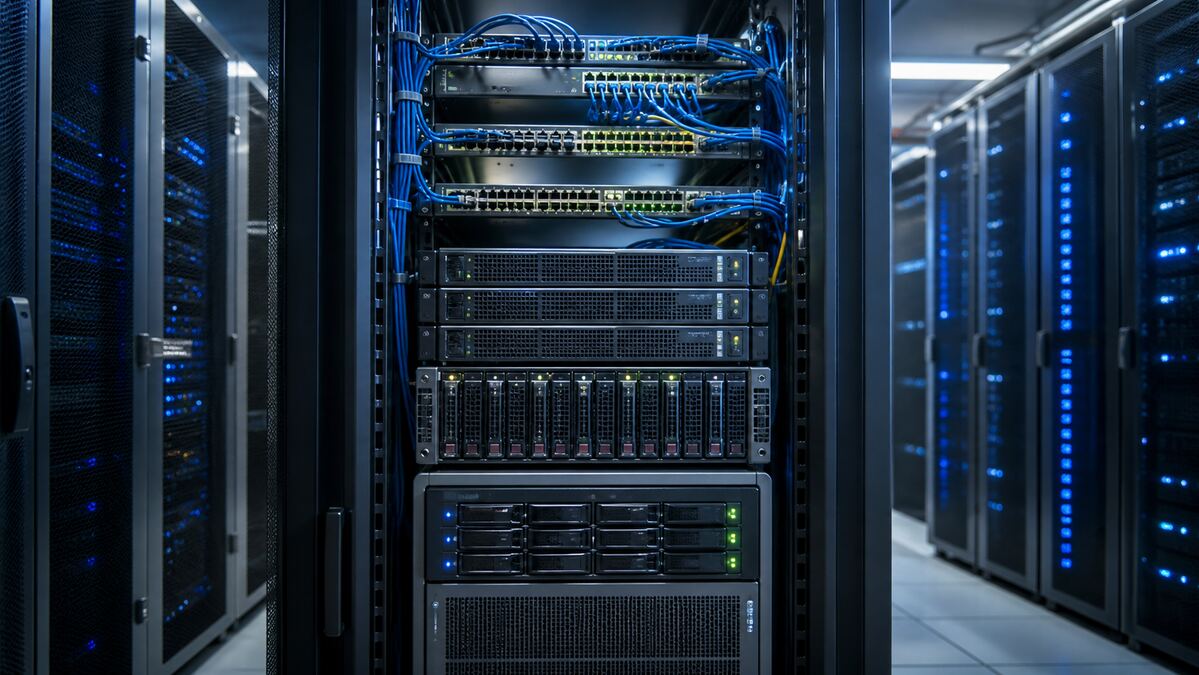 Modern rack with network equipment